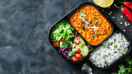 Indian-style lunchbox for kids, filled with dal, rice, and salad, with space for text around.の素材
