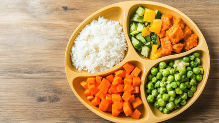 Nutritious school meal with rice, dal, and vegetables for Indian kids, with space for text.の素材