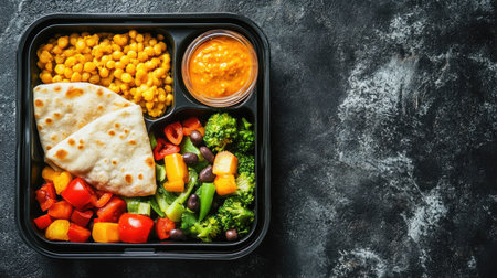 Top view of a school lunchbox with chapati, dal, and vegetables for kids in India, with room for text.の素材