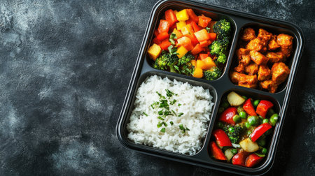 Indian lunchbox with rice, vegetables, and curry for schoolchildren, surrounded by copy space.の素材