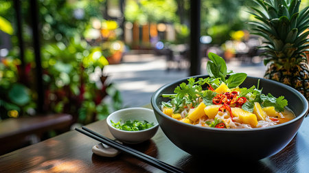 This vibrant noodle bowl features fresh ingredients like herbs and tropical fruits, set in a beautifully lush outdoor environment, perfect for an appetizing meal.の素材