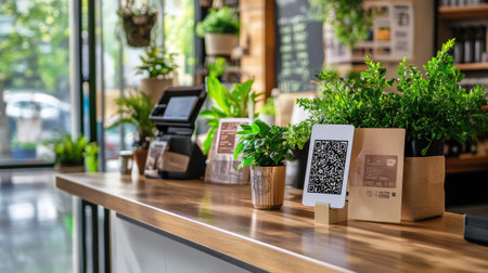 A modern cafe interior featuring abundant greenery and a QR code for contactless ordering. The inviting space combines natural elements with technology for a seamless customer experience.の素材