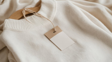This image captures a soft cream sweater hanging on a wooden hanger, featuring a blank tag, ideal for showcasing fashion or textile products in a minimalist style.の素材