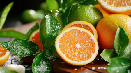 Bright and vibrant citrus fruits arranged on a wooden surface, showcasing fresh orange, lime, and lemon slices, complemented by lush green leaves, representing health and freshness.の素材
