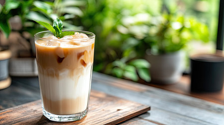 A refreshing iced coffee beverage served in a glass, layered with cream and garnished with mint, showcasing a vibrant look perfect for summer enjoyment.の素材