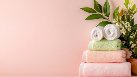 A serene composition featuring stacked cotton towels in pastel colors with fresh greenery set against a soft pink background, perfect for spa or bathroom decor.の素材
