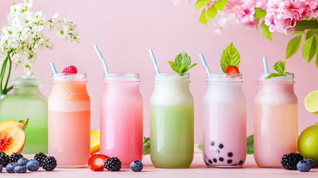 A vibrant assortment of refreshing fruit drinks served in colorful jars adorned with fresh fruit and mint leaves. Perfect for summer events!の素材