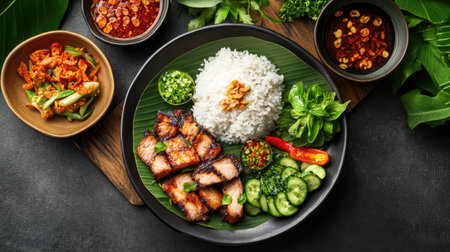 A vibrant plate featuring grilled meat, fragrant rice, and fresh vegetables, perfect for showcasing healthy eating and culinary creativity in food photography.の素材