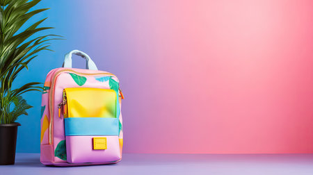 A vibrant and playful backpack rests against a soft gradient backdrop, accompanied by a trendy potted plant. Ideal for school, travel, or lifestyle themes.の素材