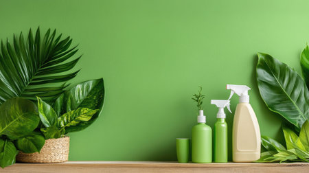 Showcase eco-friendly cleaning supplies with vibrant green plants against a green wall. Perfect for promoting sustainability and natural living.の素材