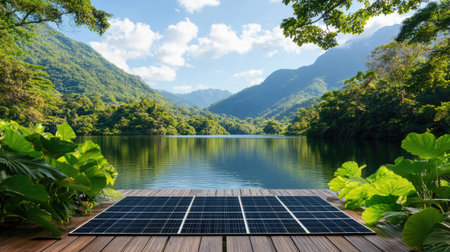 A peaceful scene featuring solar panels on a wooden dock beside a tranquil lake, surrounded by lush mountains and vibrant greenery under a bright blue sky.の素材