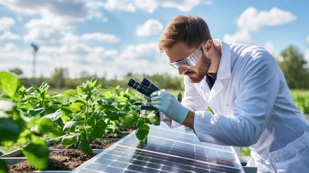A scientist closely examines plants using a microscope next to solar panels, showcasing a fusion of agriculture and renewable energy in a beautiful outdoor setting.の素材