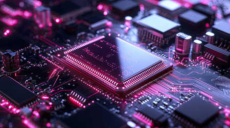 This stunning close-up image showcases a vibrant electronics circuit with a neon glow, highlighting intricate details of a microchip and connections in a modern design.の素材
