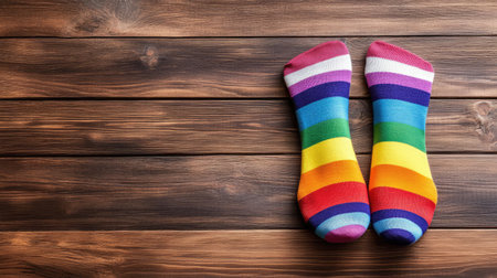 Bright and colorful striped socks showcase a playful design, perfect for adding a fun touch to any creative project or lifestyle theme. Ideal for background use.の素材