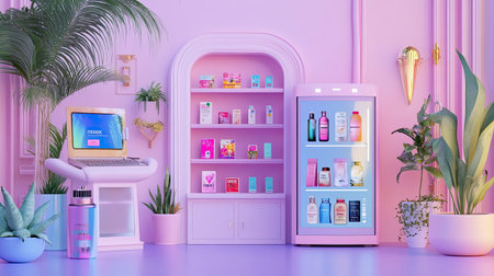 A vibrant and modern cosmetic display featuring stylish products in a pastel setting. Perfect for beauty marketing, showcasing skincare and wellness items.の素材