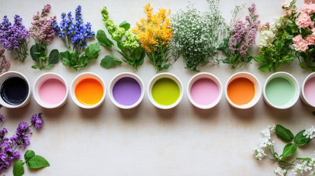 A stunning flat lay of colorful paints and fresh flowers on a wooden table creates a vibrant artistic setup. Perfect for creative projects and inspiration.の素材