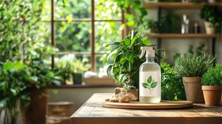 A serene indoor scene featuring a spray bottle for plant care on a wooden table, surrounded by vibrant greenery and warm sunlight, showcasing nature's beauty.の素材
