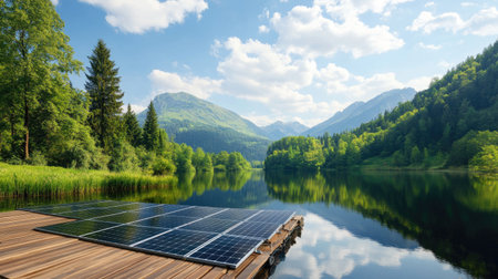 A picturesque scene featuring solar panels on a wooden dock by a calm lake, surrounded by lush mountains and vibrant green forests under a bright blue sky.の素材