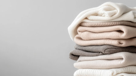 A visually appealing stack of soft textiles in neutral earthy tones creates a cozy atmosphere. Perfect for home decor, fashion displays, or relaxation settings.の素材