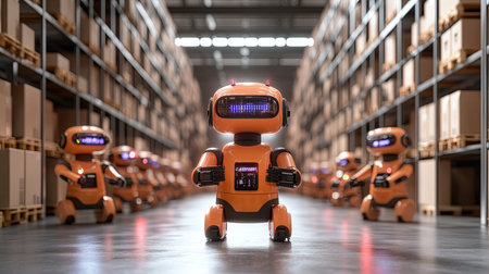 A collection of intelligent robots operates in a modern warehouse setting. These machines enhance efficiency in inventory management, reflecting advanced automation technology.の素材