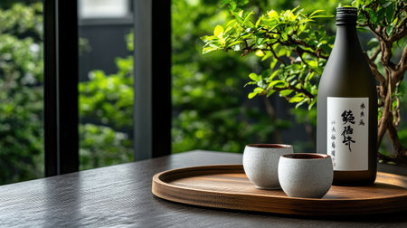 A serene setting featuring a traditional sake bottle and two cups on a wooden tray, surrounded by lush greenery. Perfect for showcasing Japanese culture and relaxation.の素材