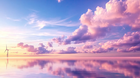 A tranquil sunset scene showcasing vibrant clouds and a lone wind turbine reflecting on serene waters. Ideal for promoting renewable energy and nature themes.の素材