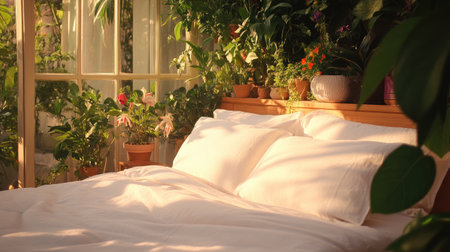 A cozy bedroom adorned with vibrant indoor plants under soft sunlight, creating a tranquil escape. Perfect for relaxation and nature lovers.の素材