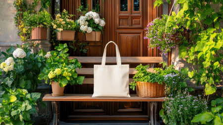 Discover a serene entrance showcasing a stylish tote bag surrounded by vibrant flowers and lush greenery, creating a peaceful and welcoming atmosphere.の素材