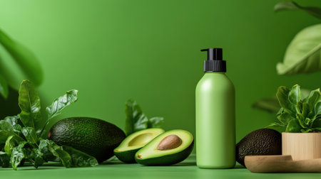 A vibrant green bottle sits beside fresh avocados and lush leaves, embodying natural beauty and wellness. Ideal for cosmetic or skincare themes.の素材