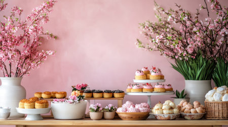 A stunning dessert table featuring an array of cupcakes and delicious sweets, complemented by beautiful pink flowers, perfect for any celebration or gathering.の素材