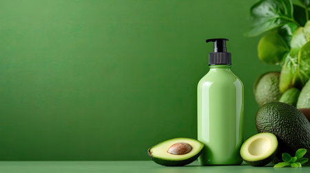 A vibrant green bottle stands on a smooth green background with sliced avocado. Perfect for organic skincare or healthy lifestyle products, showcasing freshness.の素材