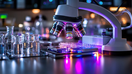 A vibrant laboratory scene showcasing a microscope surrounded by glassware and colorful illumination. Ideal for science, research, and educational projects.の素材