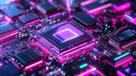 Vibrant close-up of a digital circuit board showcasing a microchip with neon lighting, highlighting advanced technology and intricate design elements.の素材