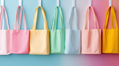 A delightful assortment of colorful tote bags in soft pastel shades hanging on a wall, showcasing modern design, ideal for shopping, storage, or fashion.の素材
