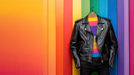 A stylish leather jacket displayed on a mannequin against a vibrant rainbow striped backdrop, creating a dynamic and eye-catching fashion statement.の素材