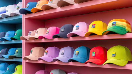 A vibrant array of colorful caps arranged on shelves in a modern retail space. Ideal for showcasing trendy accessories and fashionable headwear.の素材