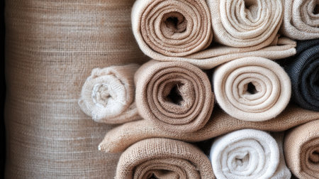 Close-up view of neatly rolled fabrics in various neutral shades, showcasing rich textures and inviting tones. Perfect for interior design inspiration.の素材