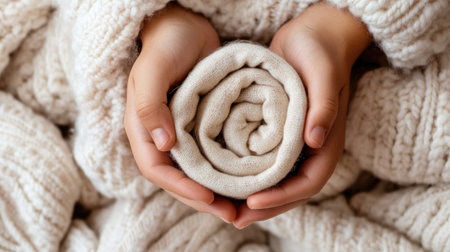 A pair of hands gently cradles a rolled soft knit blanket, symbolizing warmth and comfort in a cozy home setting. Ideal for relaxation themes.の素材