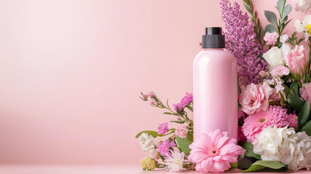 A beautiful pink bottle surrounded by an array of fresh flowers on a soft pink background, perfect for beauty and skincare product displays or floral-themed design.の素材