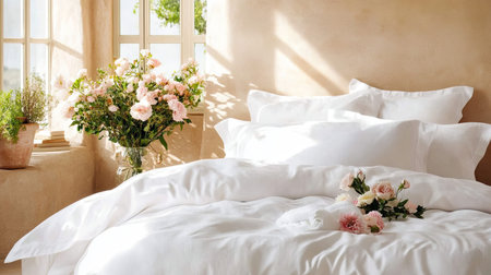 A tranquil bedroom scene featuring fresh flowers, cozy white bedding, and soft textures illuminated by warm sunlight, creating a peaceful and inviting atmosphere.の素材