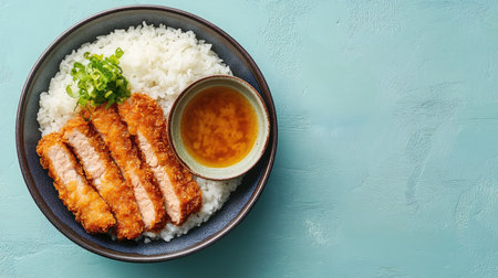 Top view of Japanese tonkatsu pork with rice and miso soup, space for textの素材