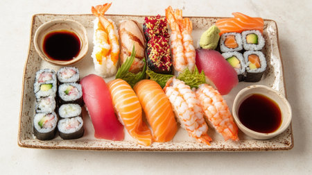 Flat lay of a sushi platter with assorted rolls, sashimi, and soy sauce, copy space for textの素材
