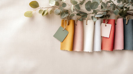 A visually pleasing arrangement of colorful fabric swatches accompanied by delicate eucalyptus leaves on a soft beige background, perfect for design inspiration.の素材