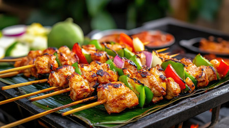 Juicy grilled chicken skewers adorned with colorful vegetables on a banana leaf, perfect for outdoor dining and festive gatherings. A feast for the eyes and palate!の素材