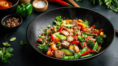 A vibrant stir-fry featuring fresh vegetables and tender chicken pieces, artfully arranged in a black bowl. Ideal for showcasing healthy meals.の素材