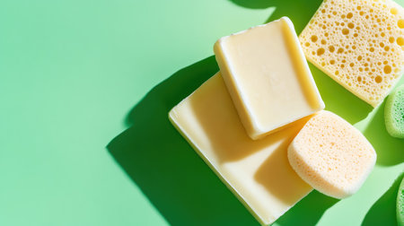 A vibrant and fresh arrangement of natural soap and colorful sponges on a bright green surface, symbolizing cleanliness and hygiene in daily routines.の素材