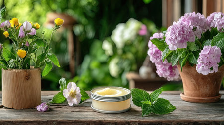 This serene image features a delightful arrangement of fresh flowers and soothing candles, showcasing a tranquil outdoor garden setting perfect for relaxation and beauty.の素材