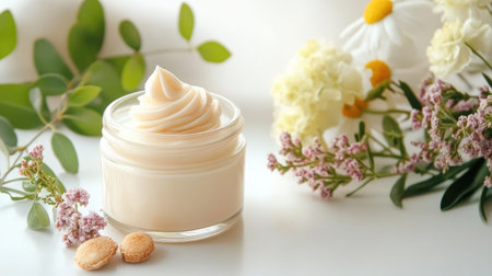 A creamy moisturizer in a glass jar, elegantly presented with fresh flowers and green leaves, perfect for promoting natural beauty and relaxation.の素材