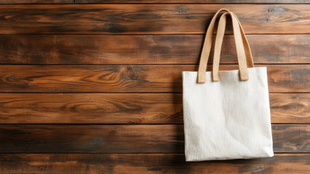 A simple eco-friendly canvas tote bag displayed on a rustic wooden background, ideal for shopping or daily use. Perfect for showcasing sustainable fashion.の素材