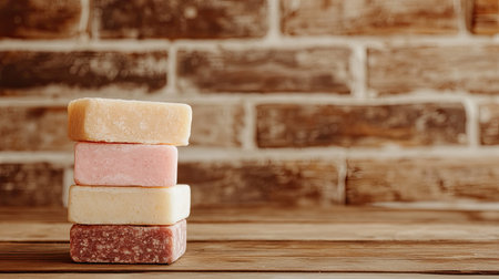 A stack of colorful handmade soaps rests on a wooden surface, showcasing natural beauty and relaxation. The rustic brick background enhances the cozy ambiance.の素材